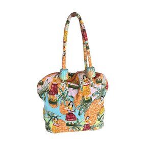 Hawaiian Print Canvas Tote Weekend Bag With Pineapple & Hula Girl Playing Guitar